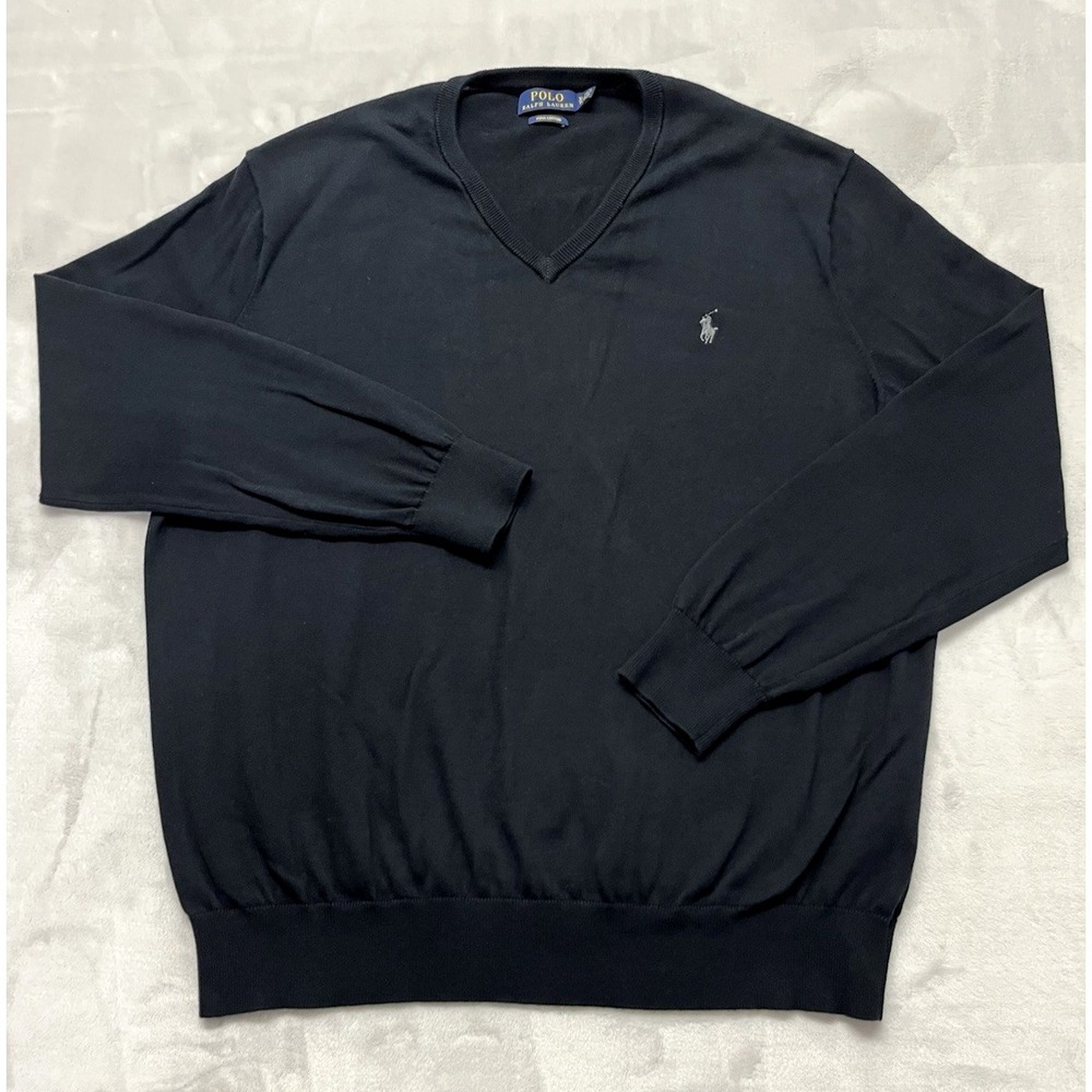 Polo Ralph Lauren Sweater Men XL Black V-Neck Pima Cotton Pony Embroidery Preppy